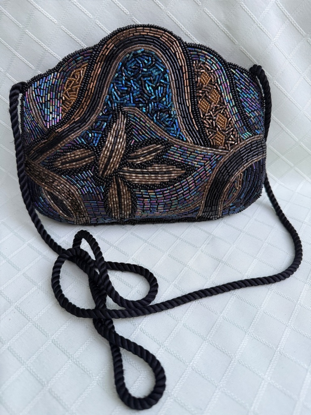 Vintage All Beaded Evening Crossbody Bag in Black and Iridescent Blue